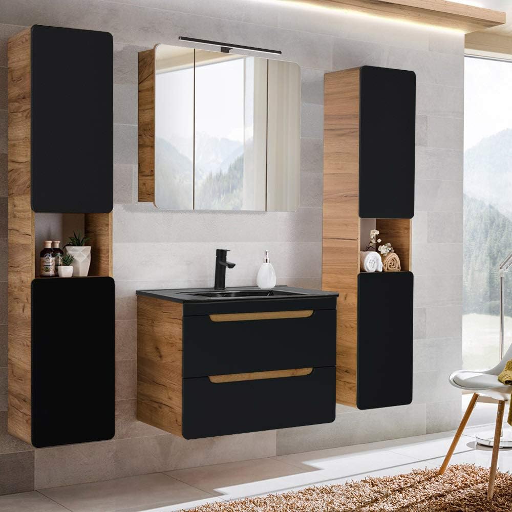 Lomadox Badmöbel Set 4-teilig, seidenmatt anthrazit & Wotan Eiche Nb., Badezimmer Komplettset: Spiegelschrank, Waschtisch mit Unterschrank, 2 Hochschränke