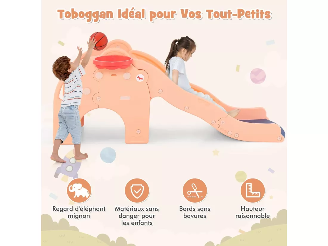 4 en 1 Toboggan Enfant en Forme Éléphant avec Panier de Basketball, Toboggan Extérieur Intérieur en HDPE avec Ballon, Aire de Jeux pour Glisser & Grimper, Charge 50kg pour 18 Mois+(Rose)