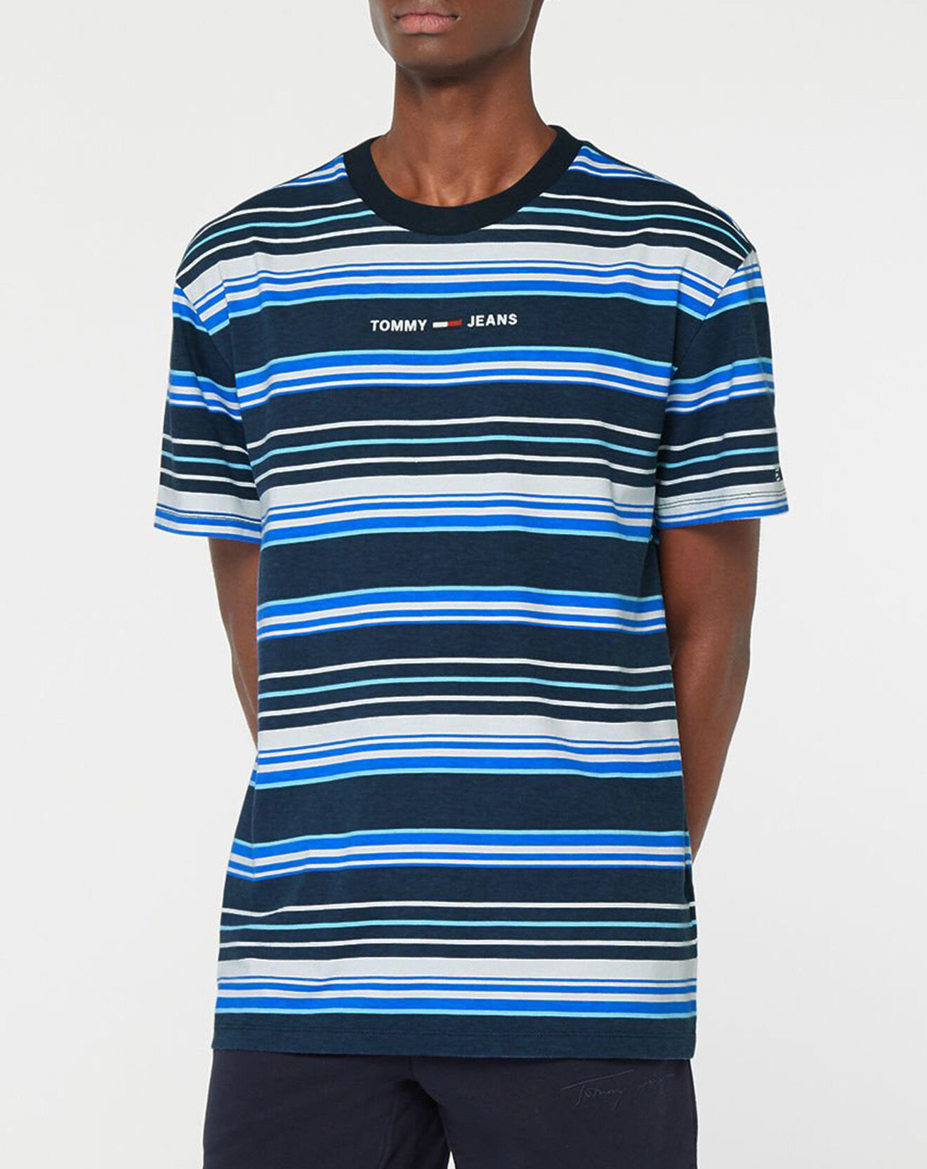 Tommy Jeans T-Shirt 100% Coton Bio Logo à rayures bleu/blanc