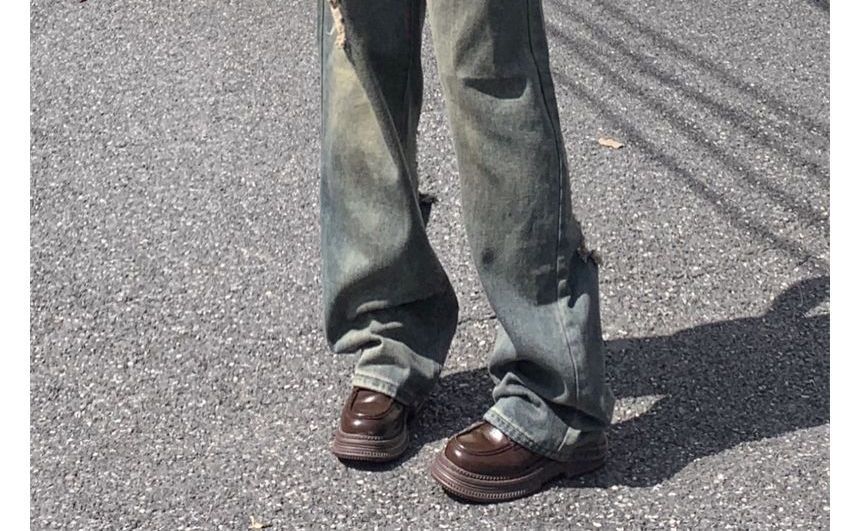 AXEN - Low Rise Washed Ripped Straight Leg Jeans