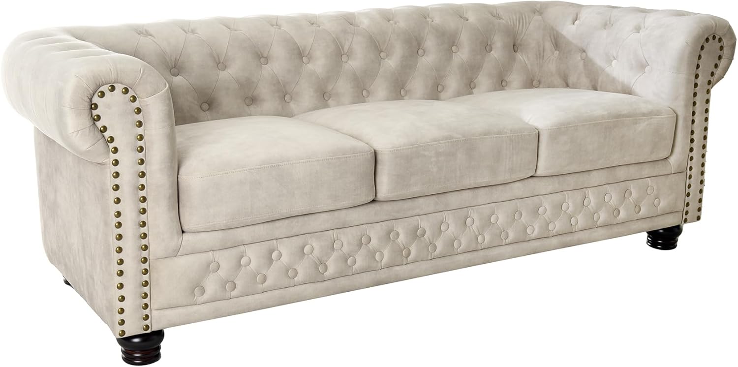 Riess Ambiente Chesterfield 3er Sofa 200cm Samt Champagner beige 3-Sitzer mit Knopfheftung und Federkern Couch Samtcouch Samtsofa Wohnzimmer gepolstert