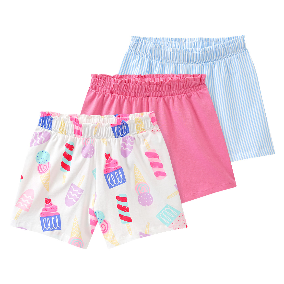 Famy 3 Mädchen Shorts mit bunten Motiven weiss / rosa / hellblau
