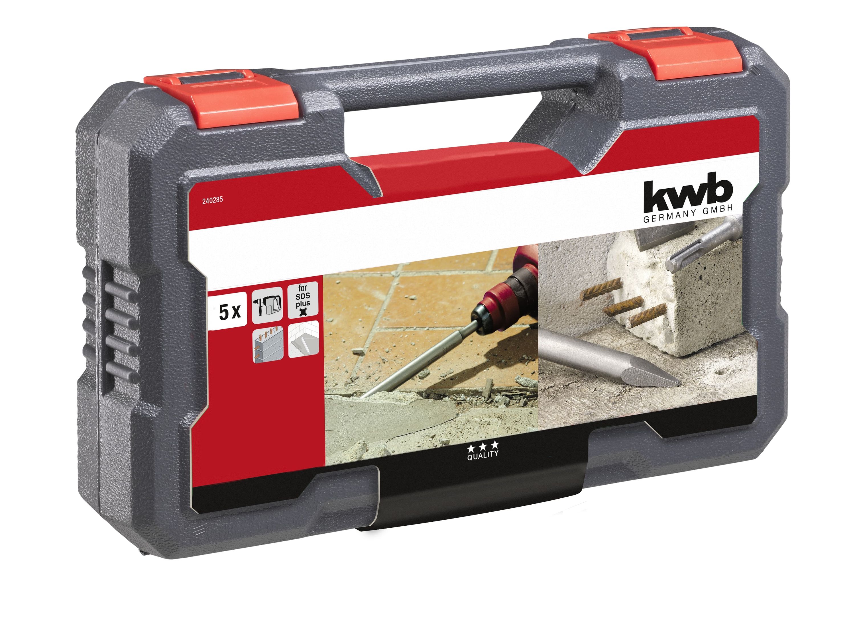 kwb SDS-Plus Meißel-Set für Bohrhammer, 5-teiliger Stein- u. Beton-Meissel Satz im Kunstoff-Koffer