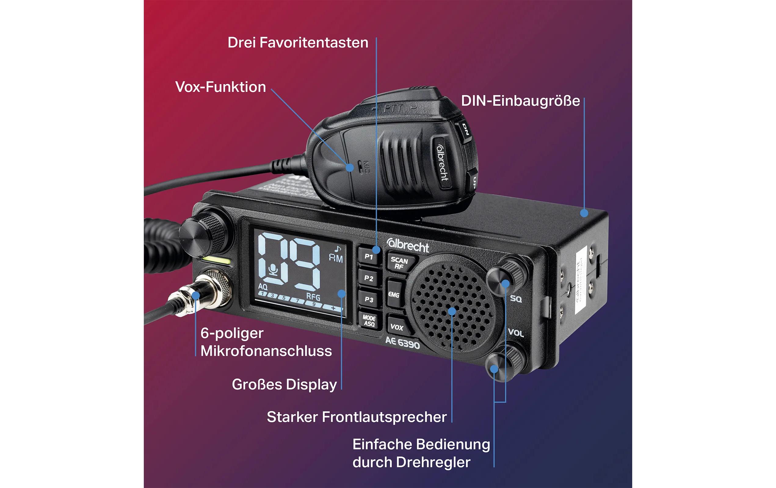 CB Funkgerät AE6390, 12 V/24 V, 4 Watt, AM / FMCB-Funkgerät mit 2.4“ Display, Frontlautsprecher und Freisprechfunktion
