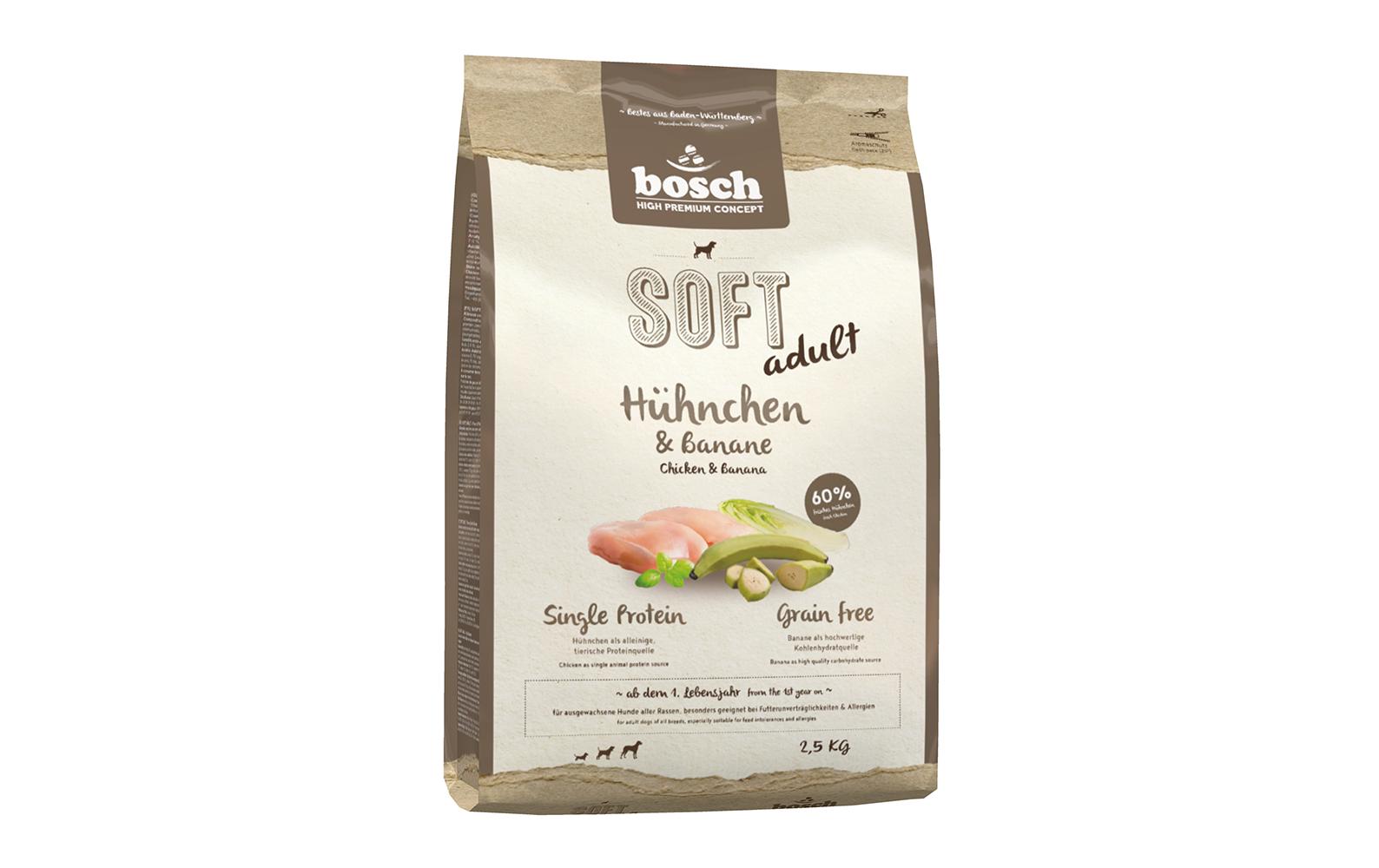 Halbfeuchtfutter Soft Adult, Huhn & Banane, 2.5 kgAlleinfuttermittel Soft für ausgewachsene Hunde