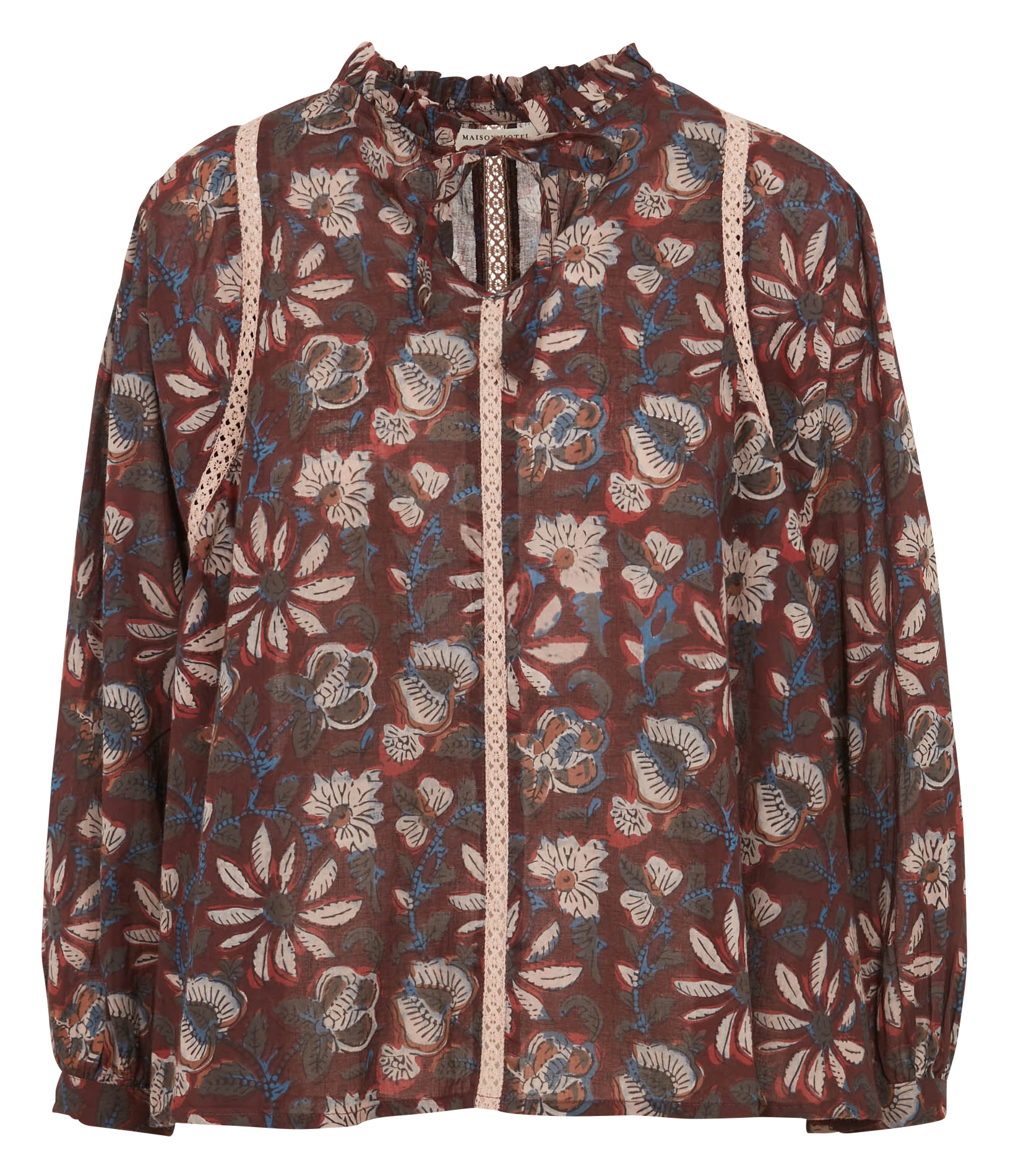 INGRID - Blouse ample col tunisien en coton imprimé | Marron