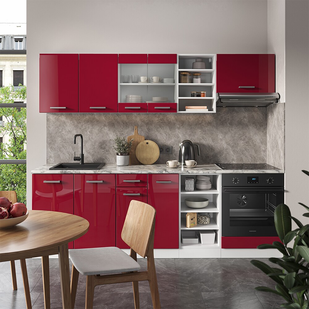 Vicco Küchenzeile Küchenblock Einbauküche R-Line 240 cm Weiß Bordeaux Hochglanz