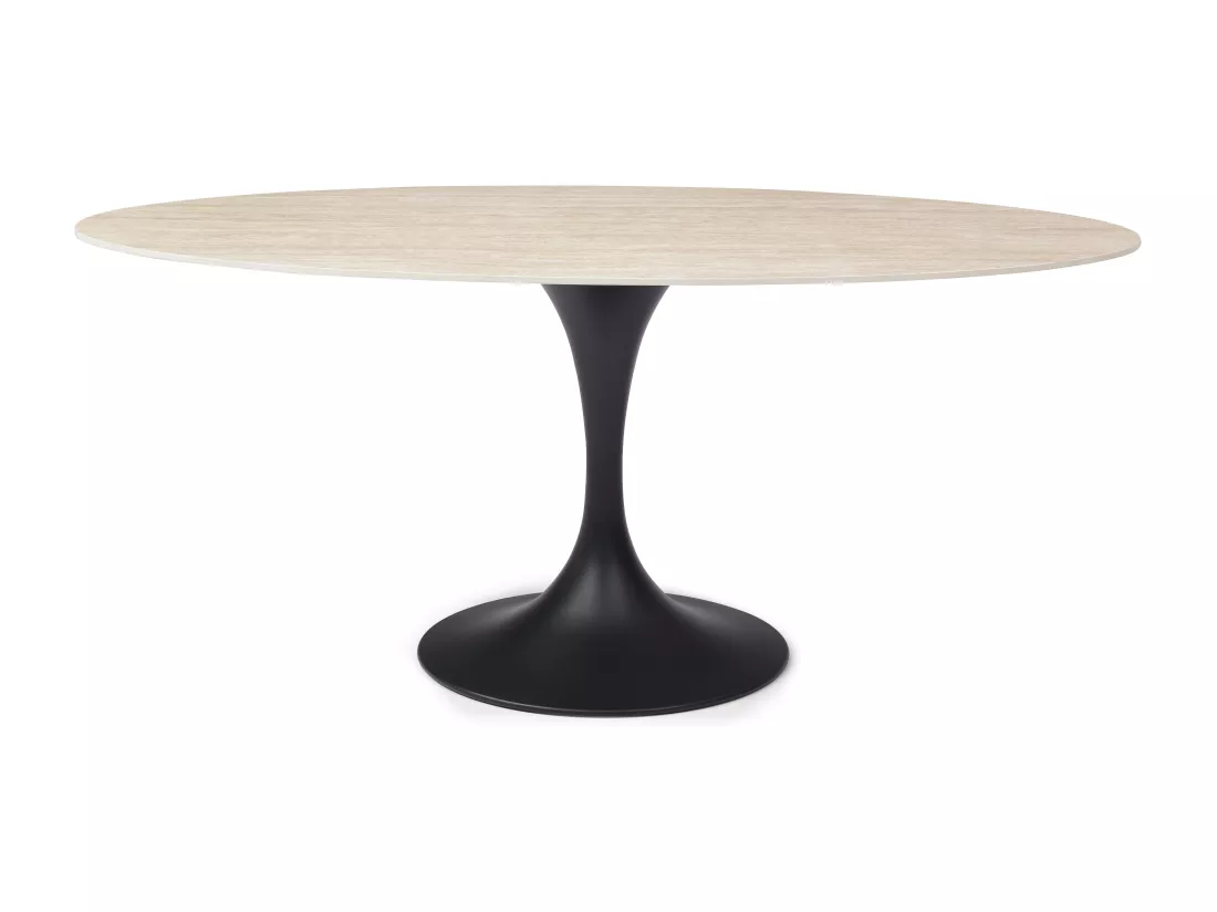 Table à manger 8 personnes en céramique et métal noir - Effet travertin beige - ELVA de Maison Céphy
