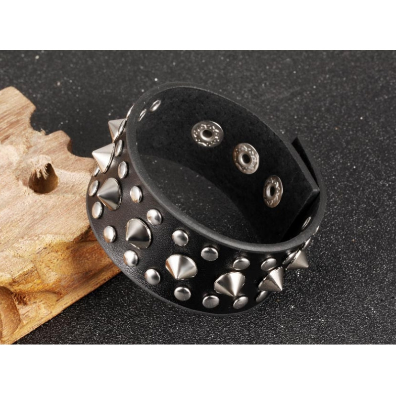 Bracelet Homme Punk en Cuir noir et acier Inoxydable