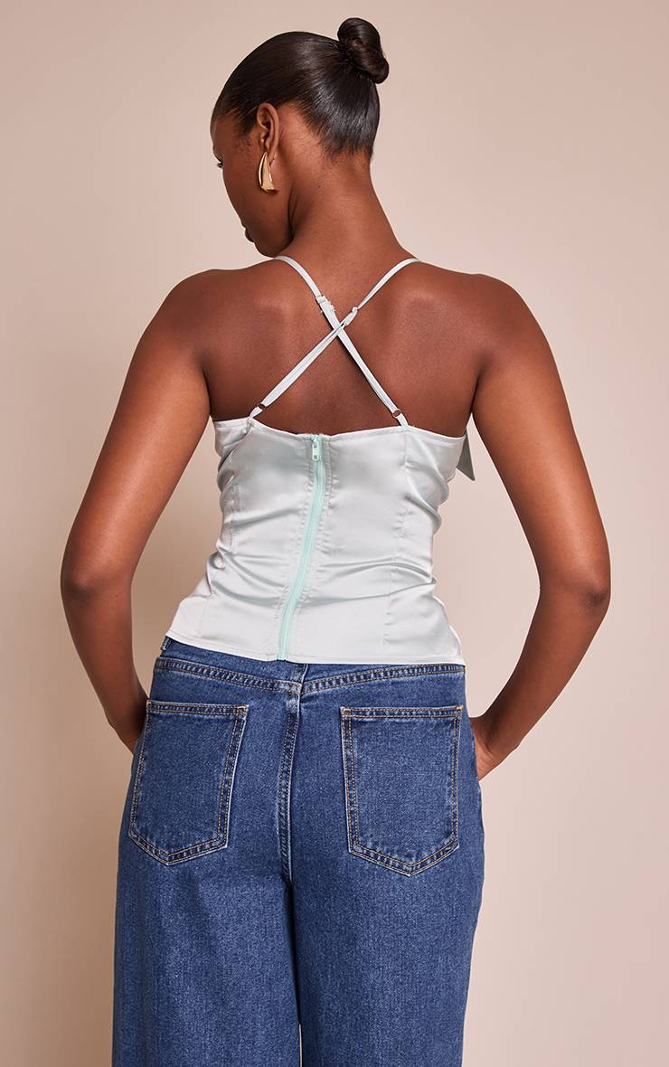 Bleu Top Long À Bretelles En Satin Avec Détail Drapé