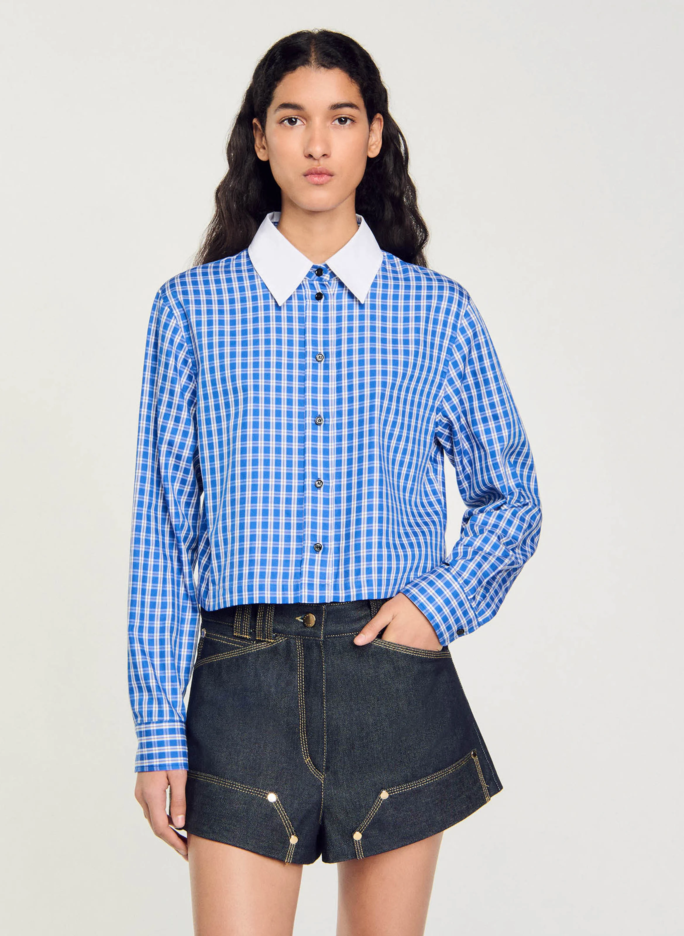 Chemise courte droite col classique en coton imprimé | Bleu