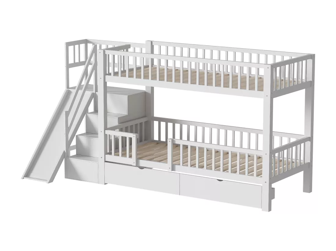 Lit superposé en bois et MDF - 90x200 cm - avec toboggan et escalier - Blanc(sans matelas)