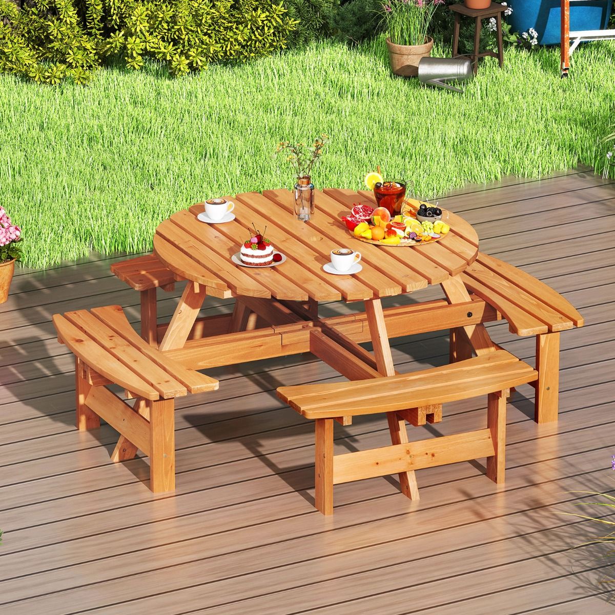 Ensemble Table de Pique-Nique en Bois pour 2 à 8 Personnes Set Table et Banc Circulaire avec 4 Bancs Intégrés Trou de Parasol de 5cm Marron/Jaune - Lidl-Manfred