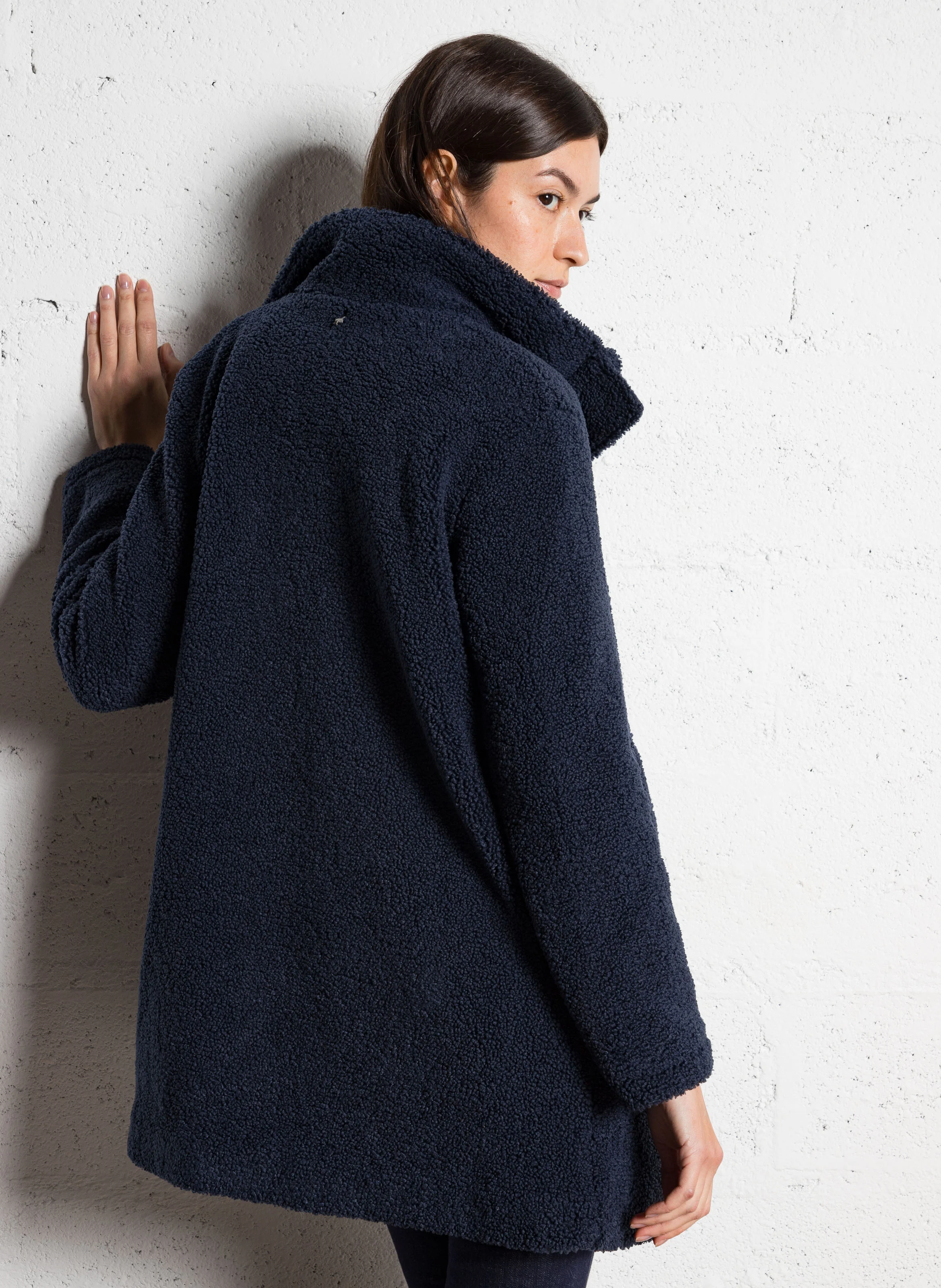 DIANA - Veste longue droite col montant | Bleu