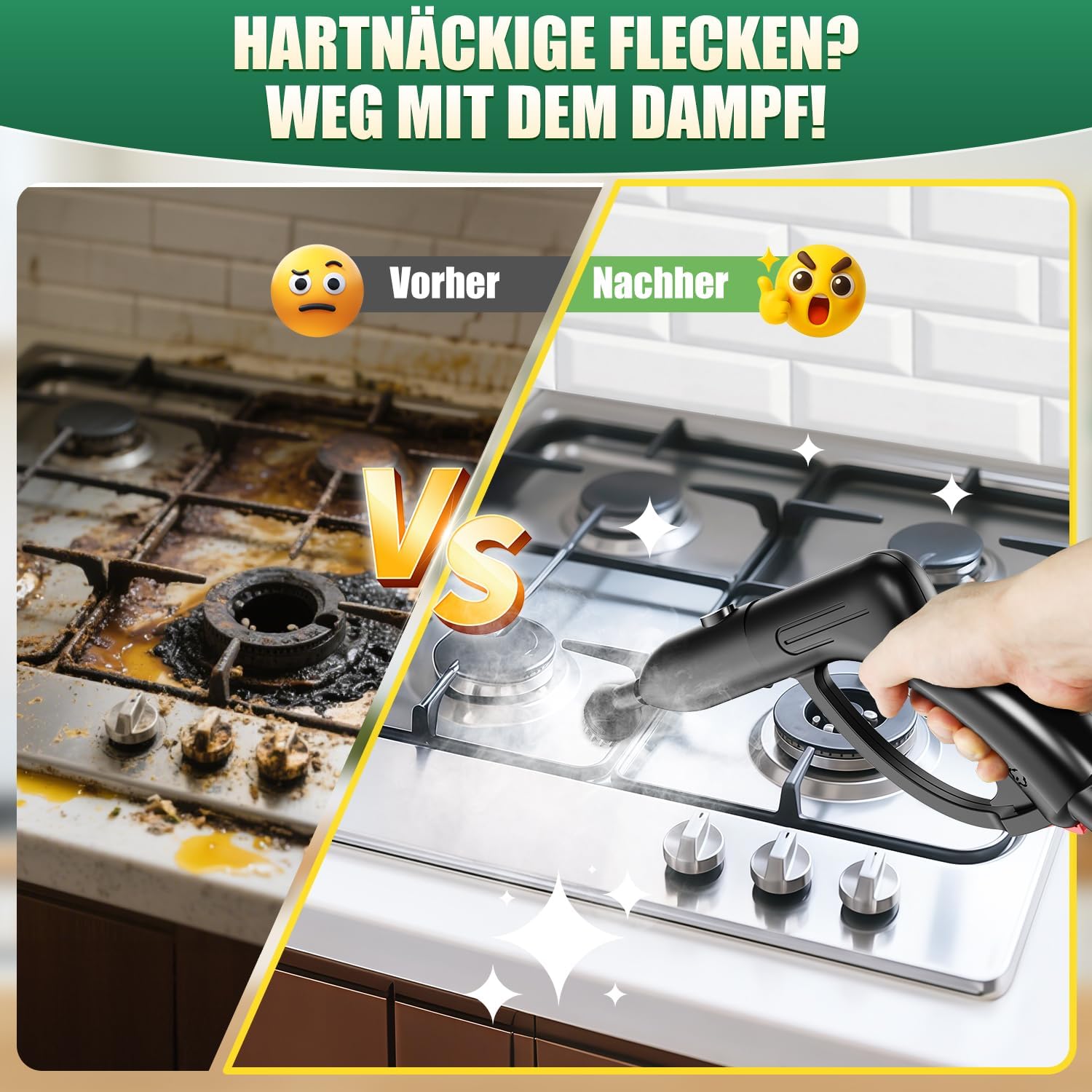Dampfreiniger, Dampfdruck: 4 Bar, Leistung: 2000 W, Tank: Max 2 L, Nutzungsdauer: 40 Minuten, mit Bodenreinigungsset, Düsen und Rundbürste von Böden, Sofas, Polstermöbel und Autos