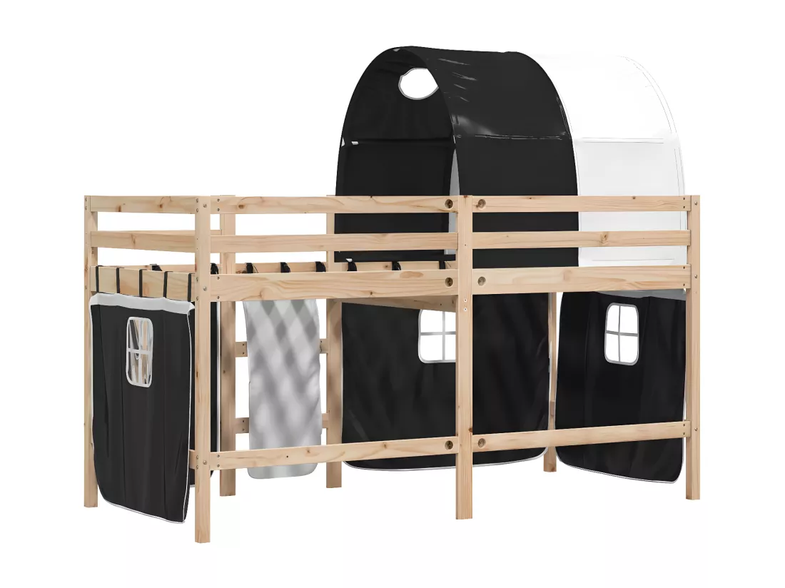 Lit mezzanine enfants et tunnel blanc/noir 90x200 cm pin massif