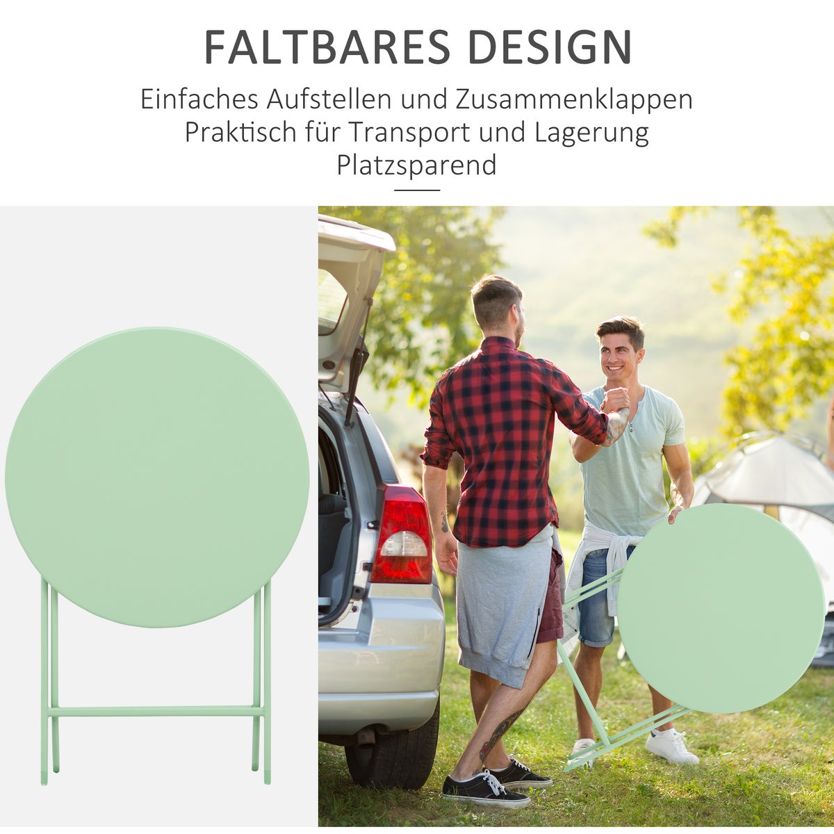 Outsunny 3-delige tuinmeubelset, bistrotafel met 2 stoelen, voor terras, tuin, opvouwbaar, Ø60L x 71H cm, metaal, groen