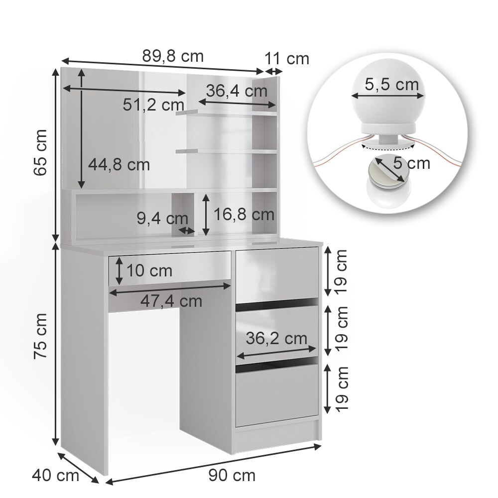 Vicco Schminktisch Sherry Weiß Hochglanz 90 x 75 cm Spiegel Regal LED modern
