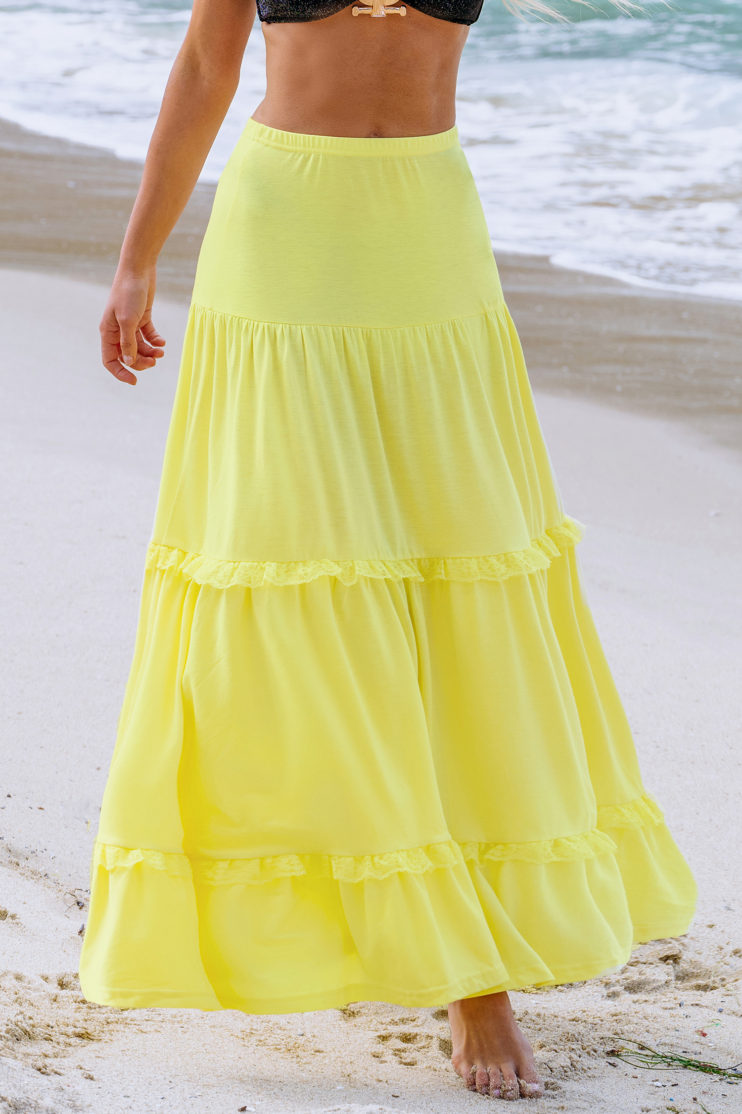 Jupe maxi en dentelle à volants jaune