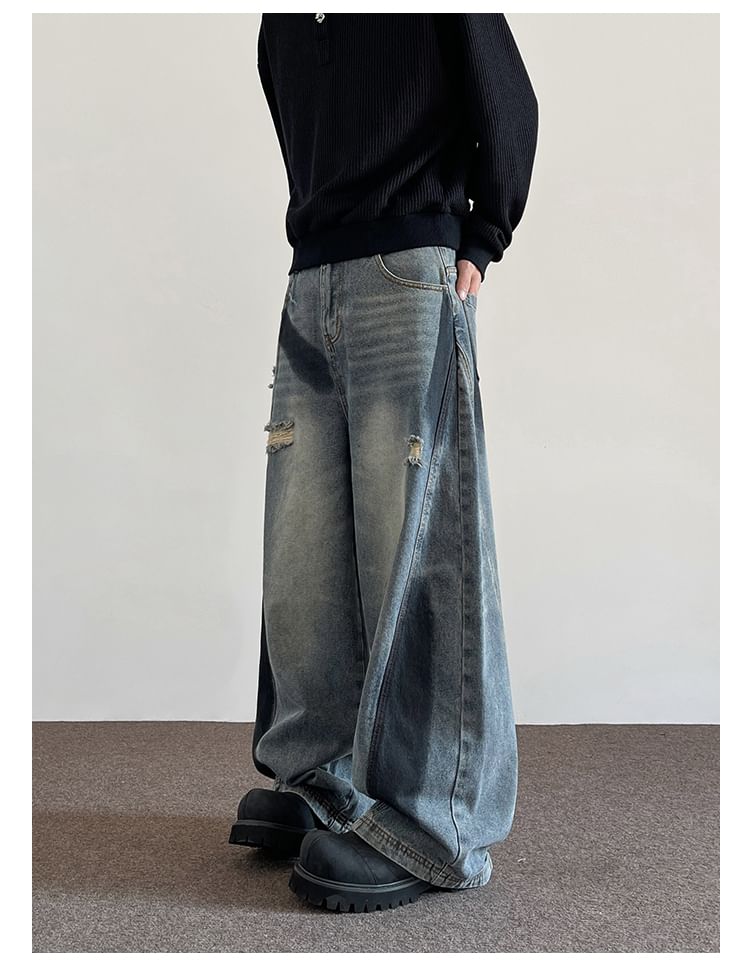 Nightbell - Hoge taille jeans met wijde pijpen en distressed look