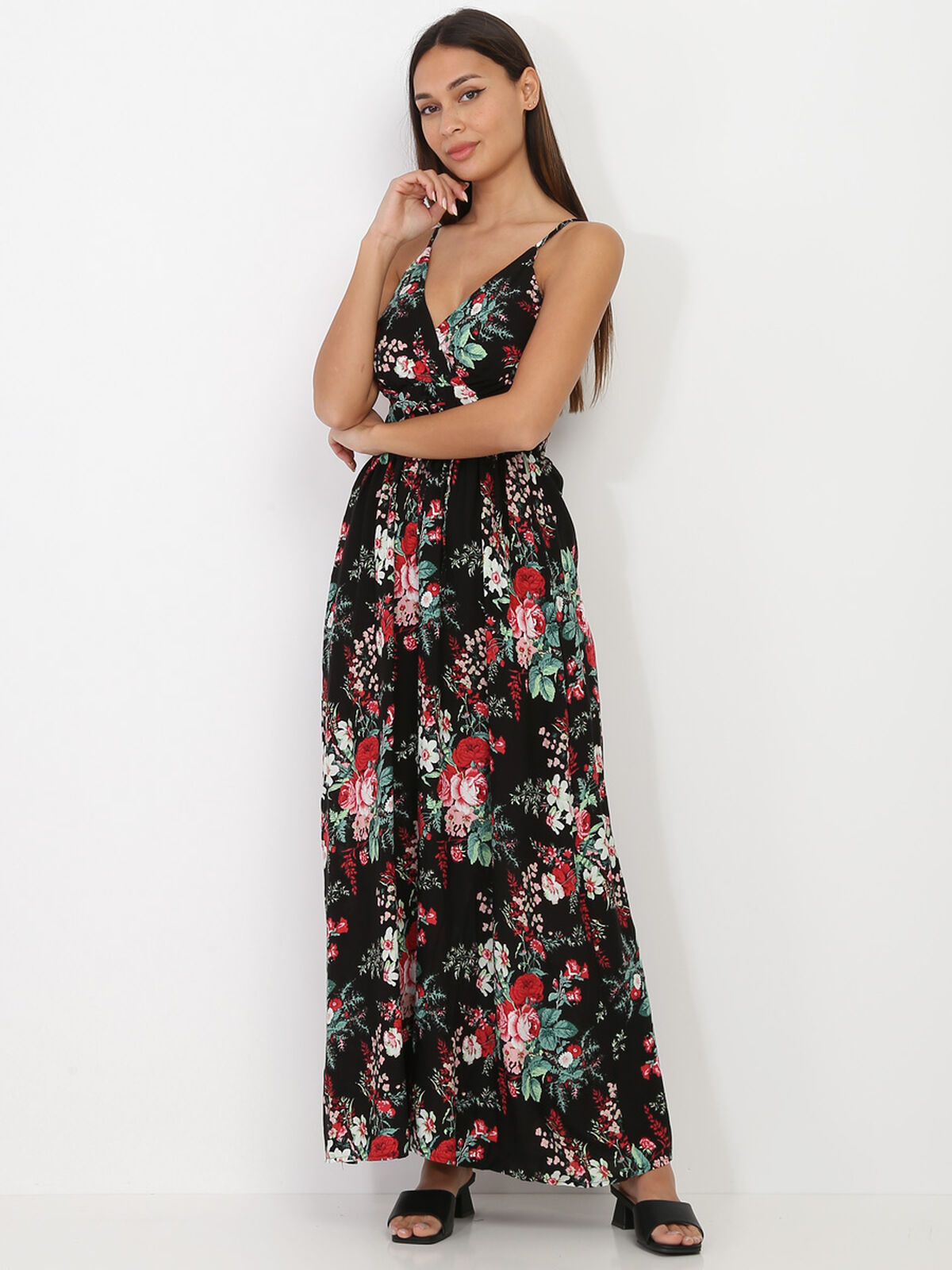 Robe longue à imprimé floral- Noir