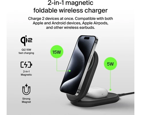 Belkin 2-in-1 Magnetic Foldable Wireless Charger with Qi2 15W, black