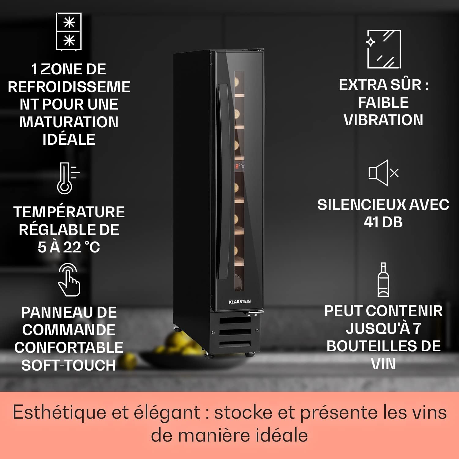 KLARSTEIN 20L Cave a Vin Encastrable de Vieillissement avec une Porte en Verre, Cave a Vins à Zone Unique, Bar Intérieur/Extérieur, Frigo Vin, Mini Cave à Vin 7 Bouteilles