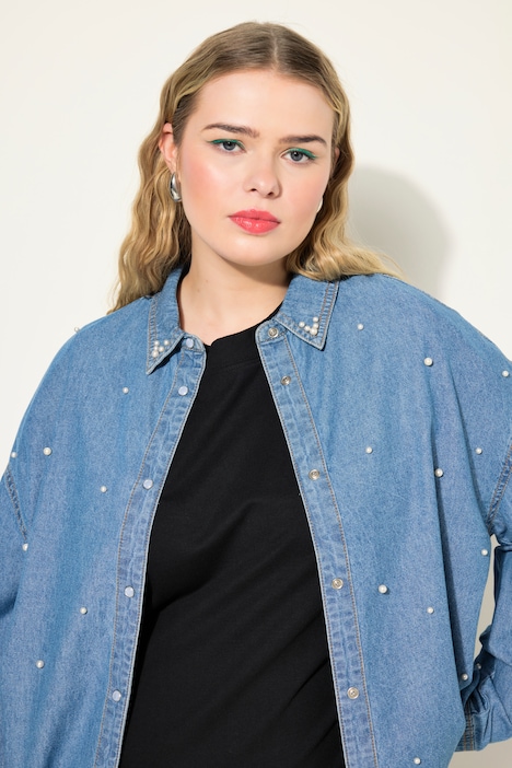Jeanshemd, oversized, Zierperlen, Langarm