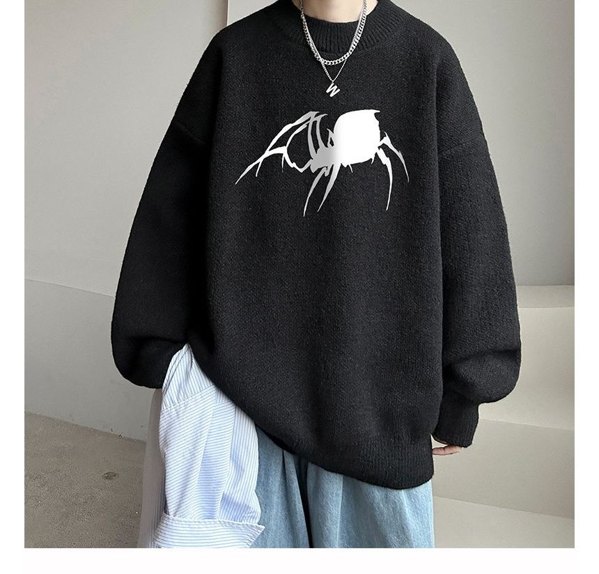POSI - Oversized trui met ronde hals en spinnenprint