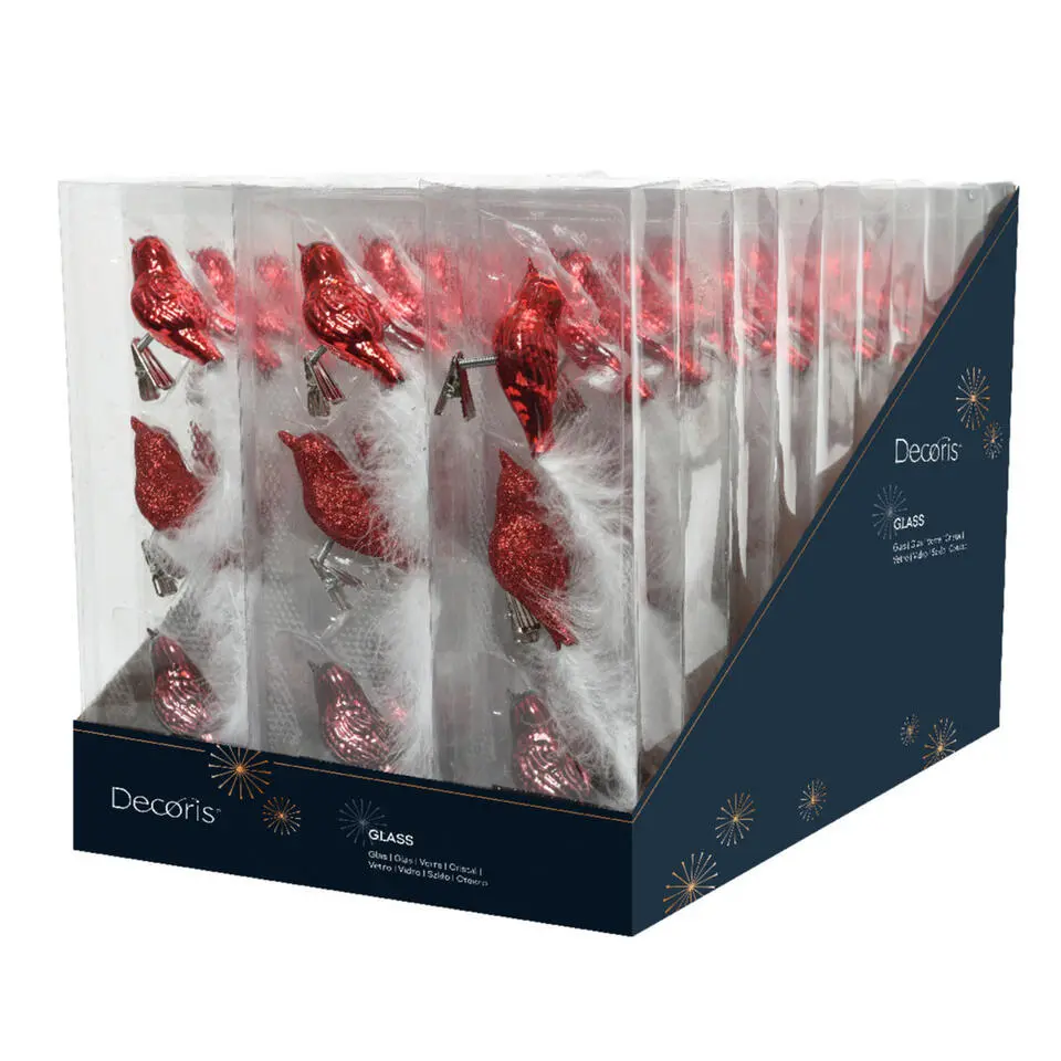 Decoris Decoratie vogels - 3x st - op clip - rood - 8 cm - glas