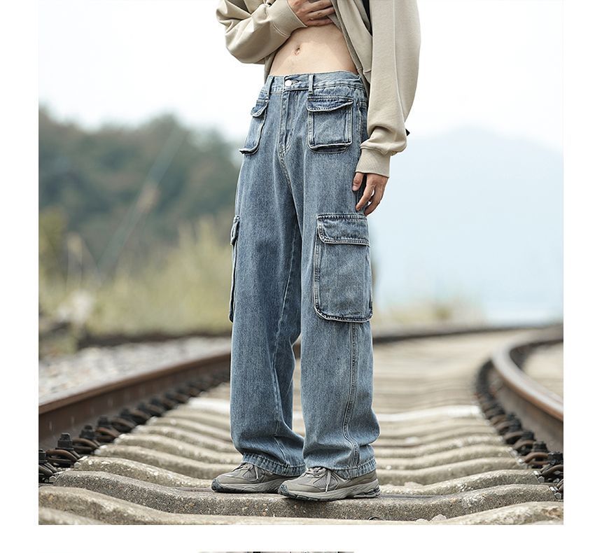 Plummie - Mid Rise Washed Wide Leg Cargo Jeans