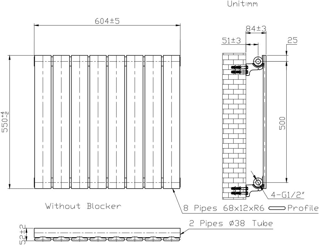 WITEN&NOCK Designheizkörper Flach Paneelheizkörper Weiß 600 x 550 mm Einlagig mit Seitenanschluss Austauschheizkörper Nabenabstand 500 mm inkl. Thermostatventile