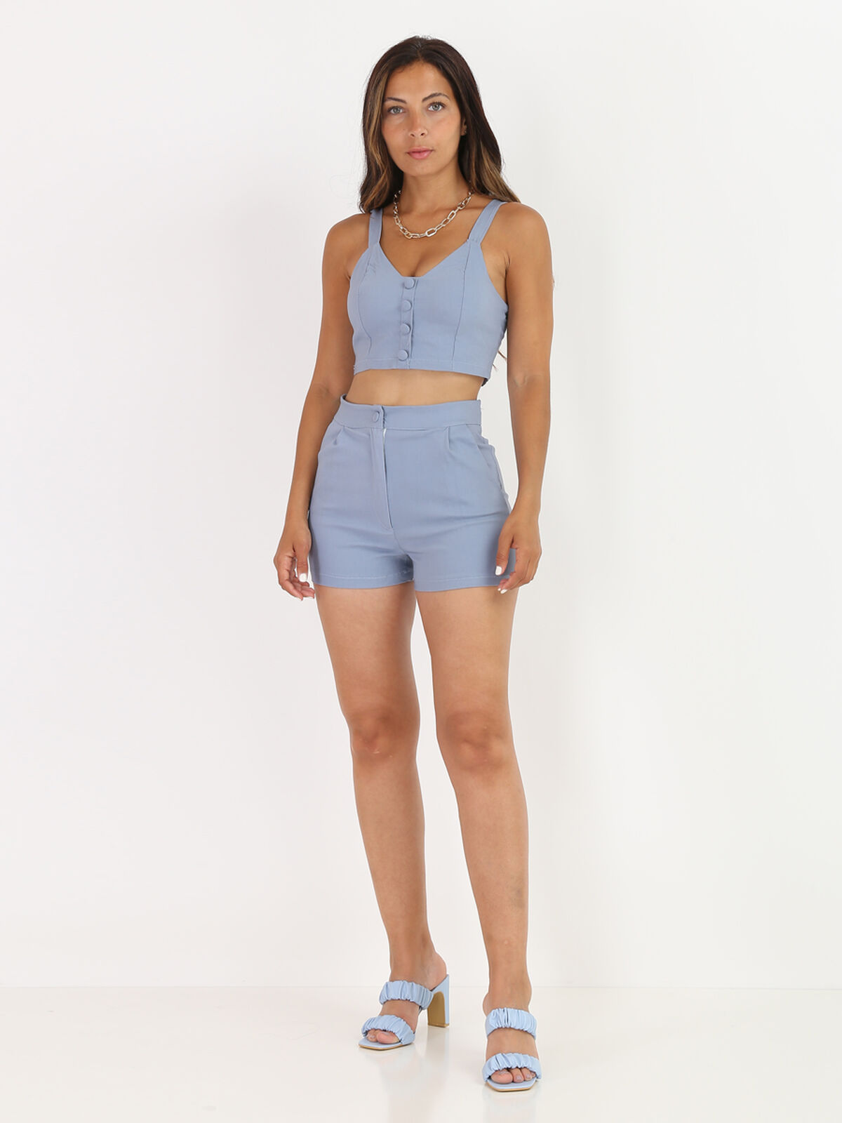 Short texturé style chambray- Bleu clair
