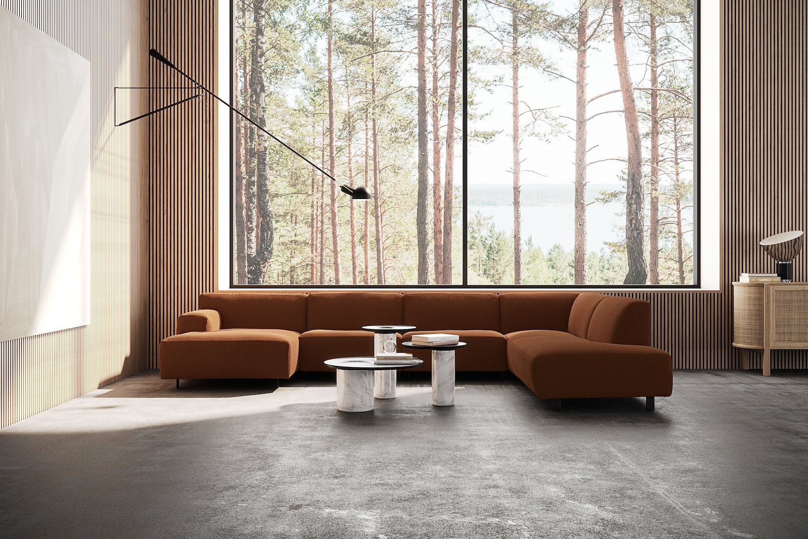 Vesta U-sofa Sjeselong venstre, 3-seter og åpen ende høyre. Big hjørnemodul, Tekstil Gianni Bronze, sort metallben 10 cm, Comfort CM