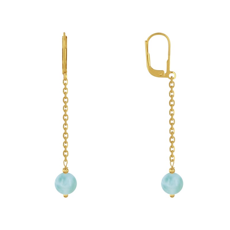 Boucles d'Oreilles Plaqué Or Dormeuse Chainette et Perle de Larimar