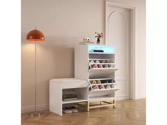 Armoire à chaussures avec 2 couvercles rabattables, banc à chaussures, étagère à chaussures, retourneur de chaussures, avec lumière