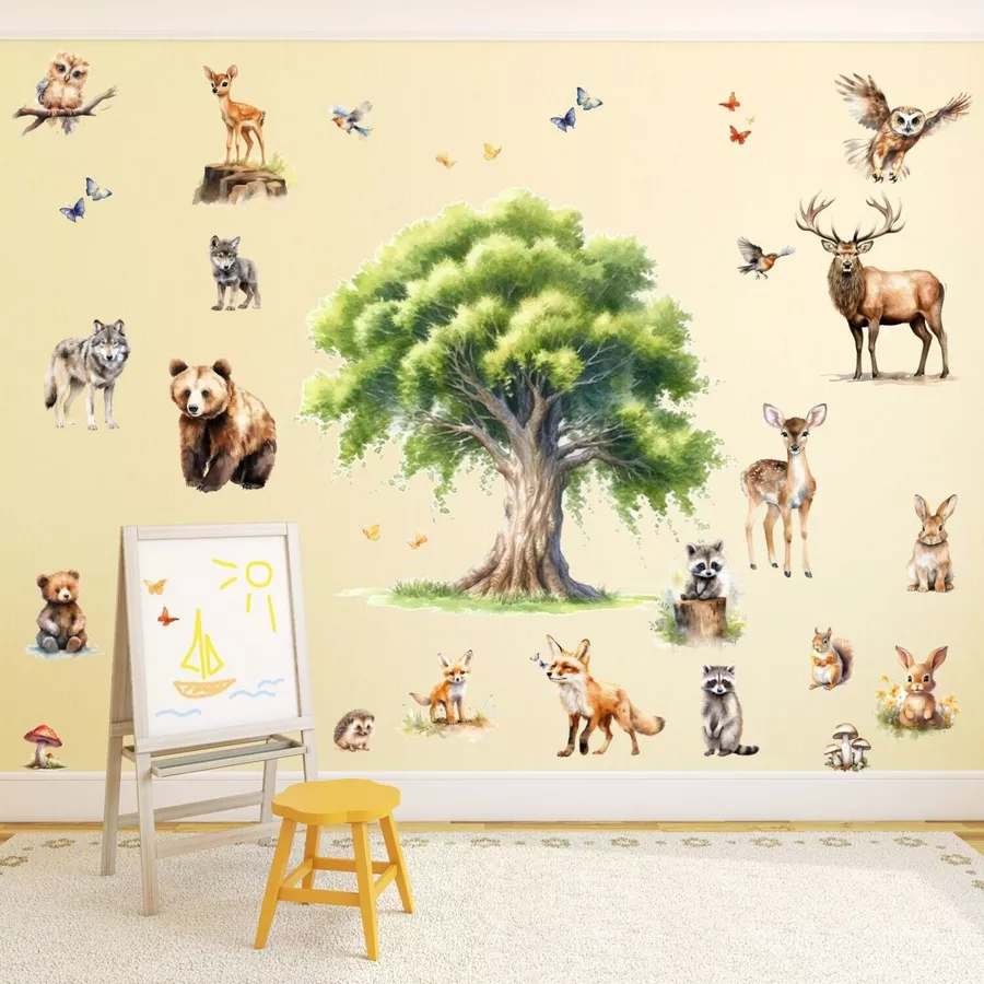 Nikima Wandtattoo 247 Wandtattoo Waldtiere Aquarell Baum Kinderzimmer Wanddeko bunt