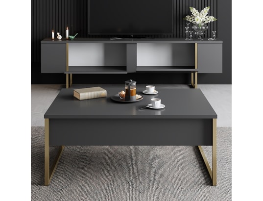 CONCEPT1 - Meuble TV Luxe - Anthracite, Or 180 x 30 x 50