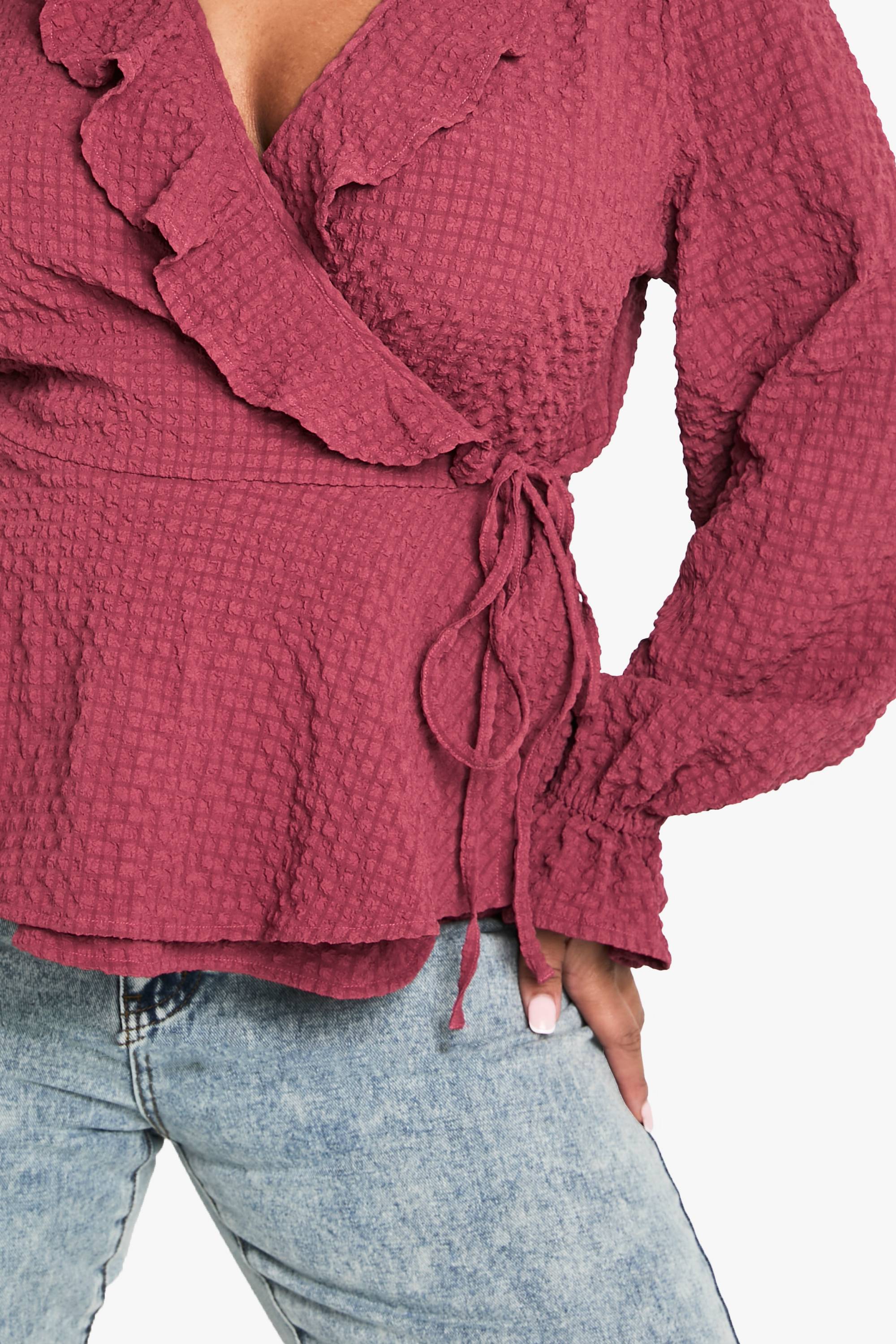 boohoo plus textured tie detail WRAP RUFFLE blouse