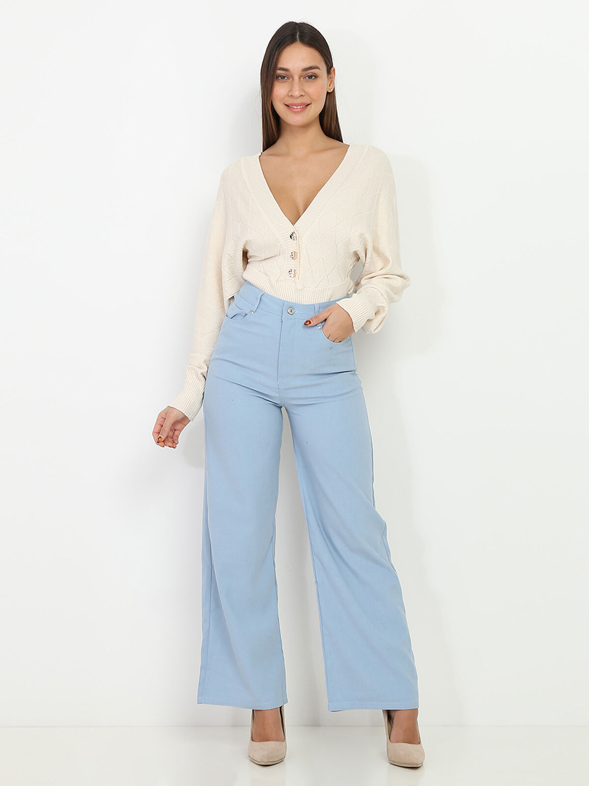 Pantalon large à taille haute- Bleu clair