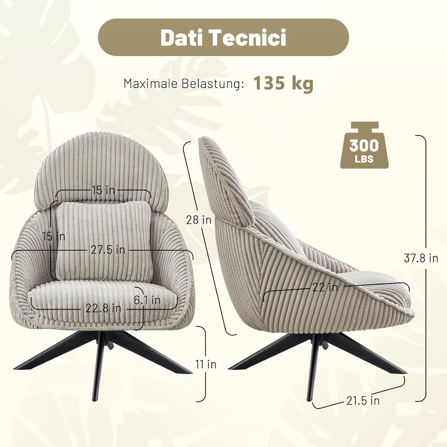 Loungesessel Sessel Wohnzimmer 360°Drehbar, Ohrensessel Armlehnstuhl Polsterstuhl mit dickem Abnehmbares Wurfkissen, Relaxsessel Lesesessel für Wohnzimmer Schlafzimmer Büro, Grau