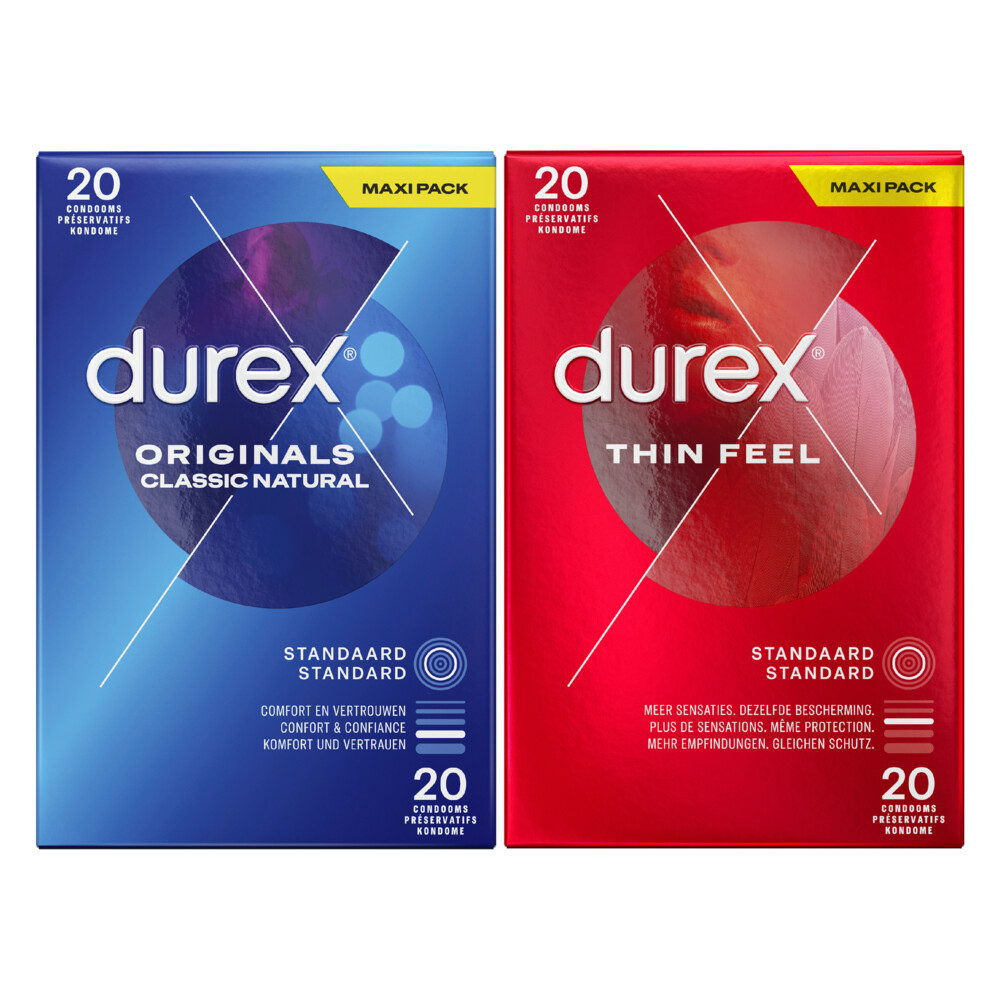 Durex - Thin Feel Condooms 20 stuks & Originals Classic Natural Condooms 20 stuks - Pakket