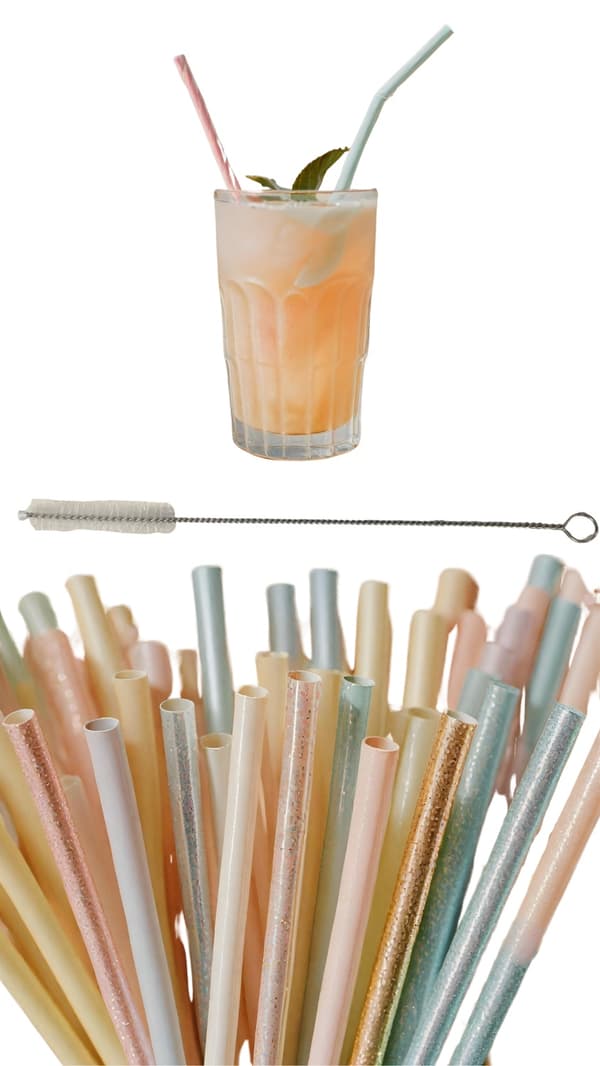Pastel Colored and Glittery Reusable Straws with Brush - Set of 50 pieces