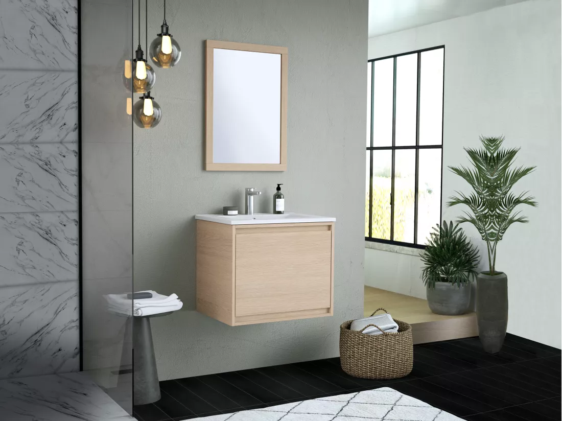 Meuble de salle de bain suspendu avec vasque à encastrer - Placage chêne - 60 cm - MESLIVA