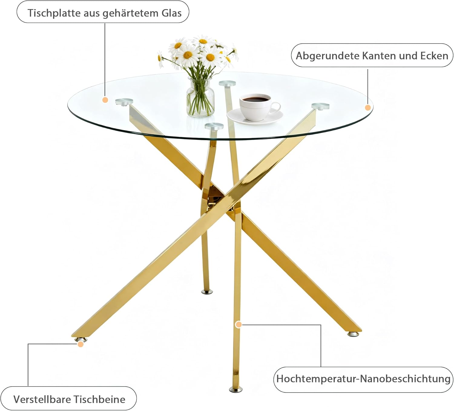 IANIYA Goldener Runder Esstisch aus Gehärtetem Glas 80 cm, Moderner Esszimmertisch für 2-4 Personen, Multifunktionaler Couchtisch & Kleiner Küchentisch, Minimalistischer Tisch für Küche & Esszimmer