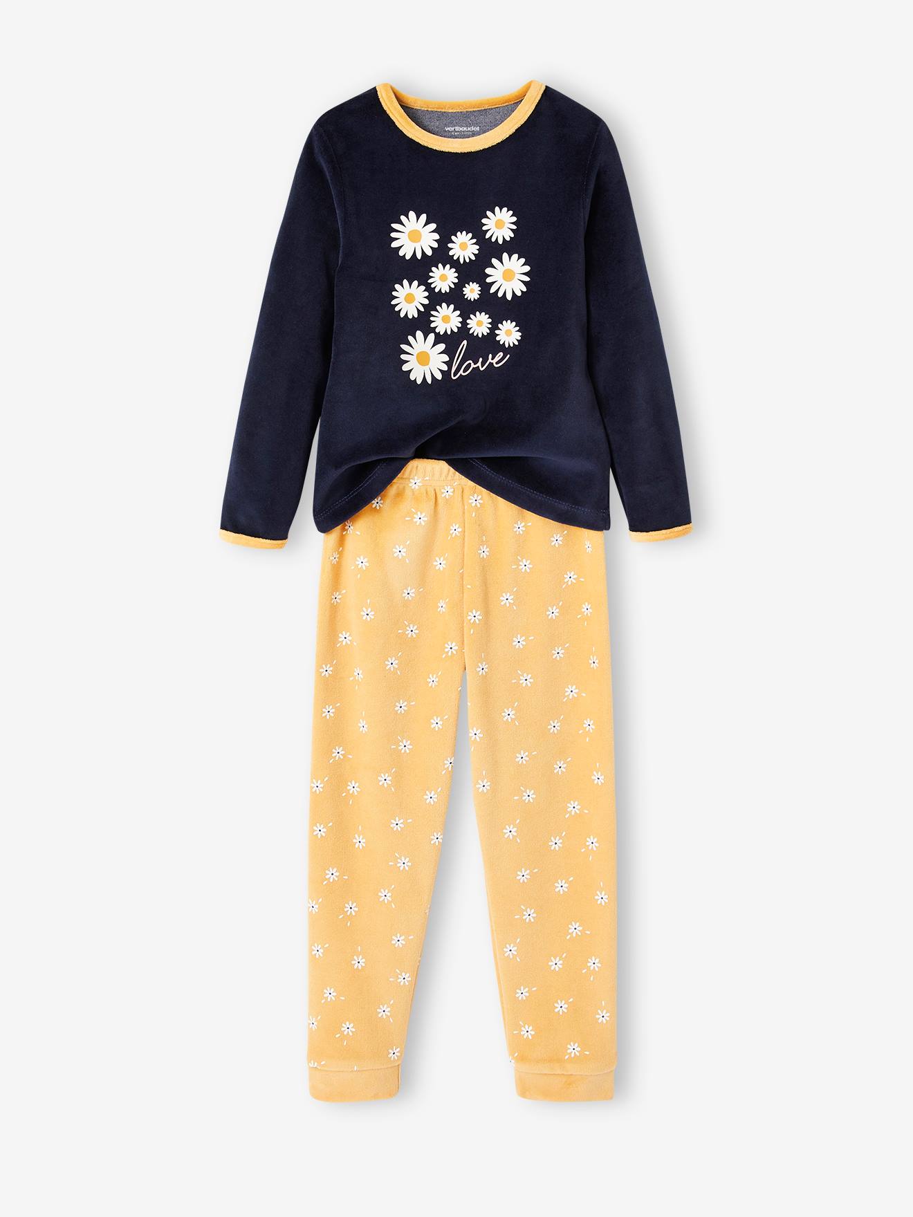 Conjunto de 2 pijamas de veludo com margaridas para meninas, cor ocre.