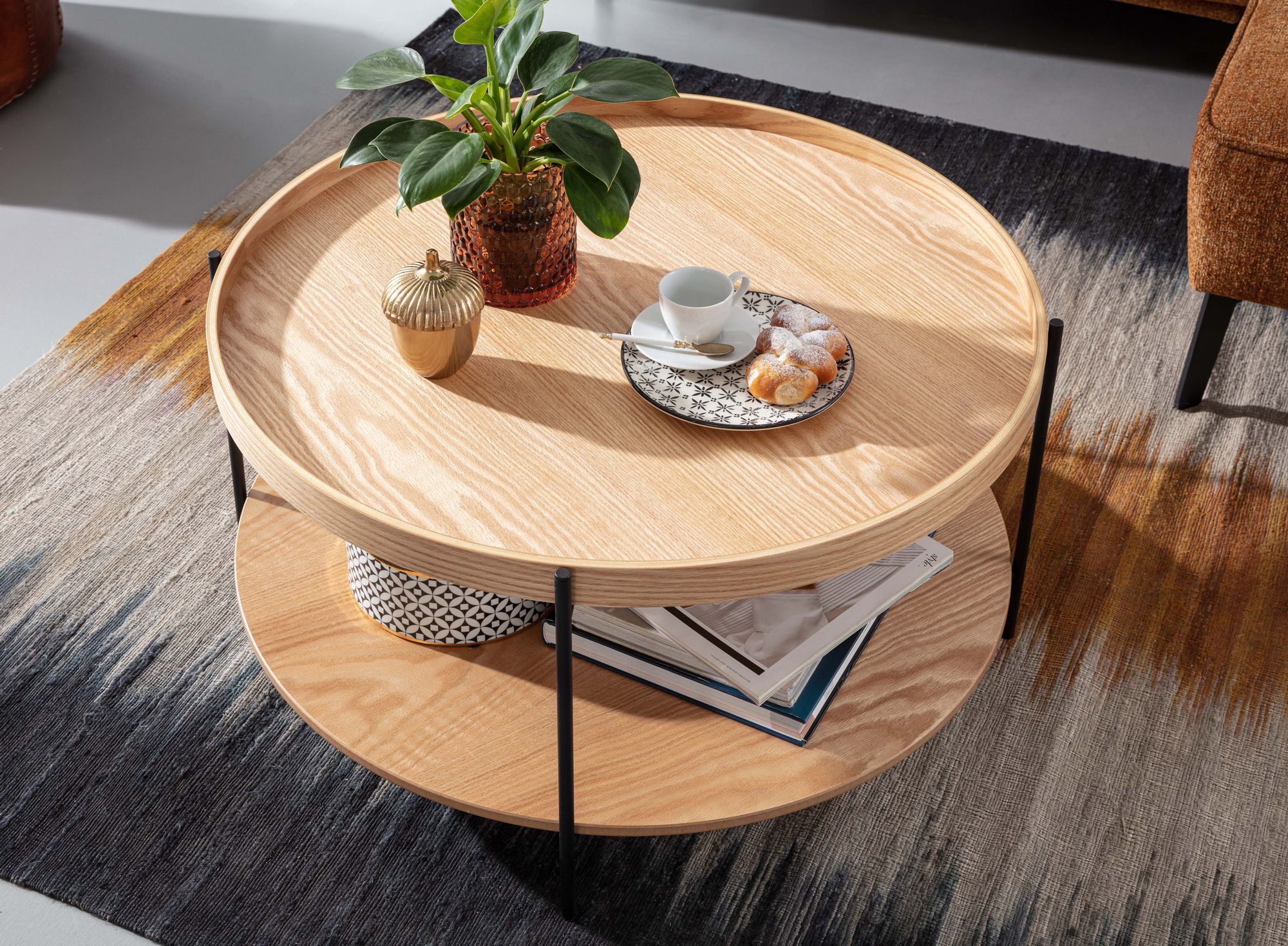 KADIMA DESIGN Eichenfurnier Couchtisch mit Stauraum, Metallgestell, Erhöhter Rand
