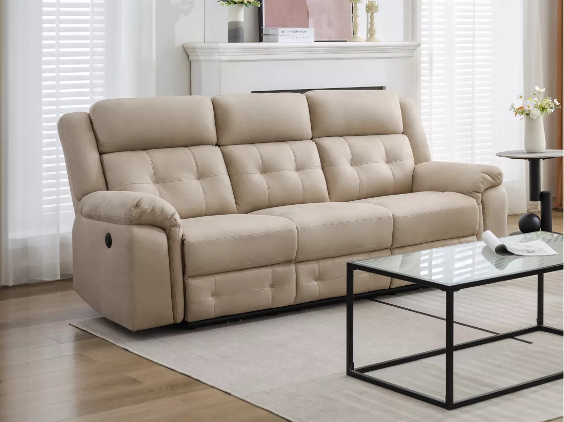 Canapé 3 places relax électrique en microfibre beige ORTIANO