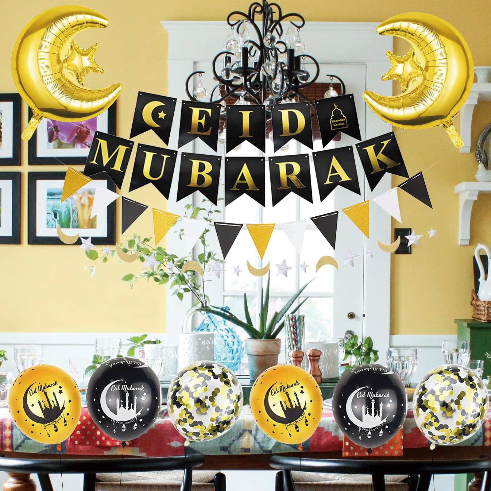 (23-tlg. Set) Ramadan Girlande Eid Mubarak Party Deko   Latex- & Folien Luftballons / Wimpelkette - Gold / Schwarz