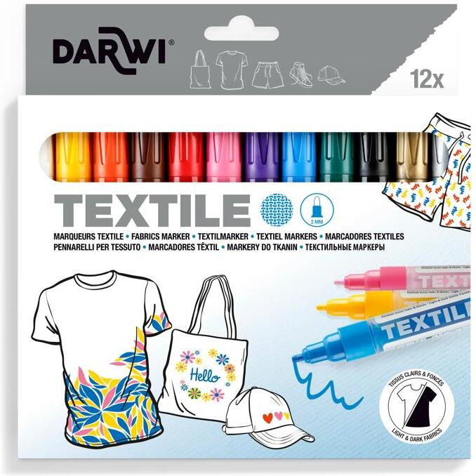 DARWI 12 Marqueurs Peinture Textile Opaque Pointe Conique Fine 2mm - Assortis